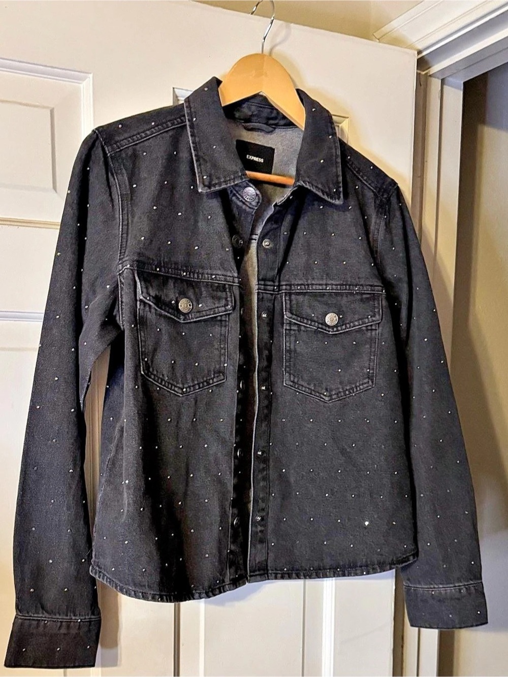 Express Rhinestone Embellished Denim Trucker Jacket Black Denim Jacket Size NWOT